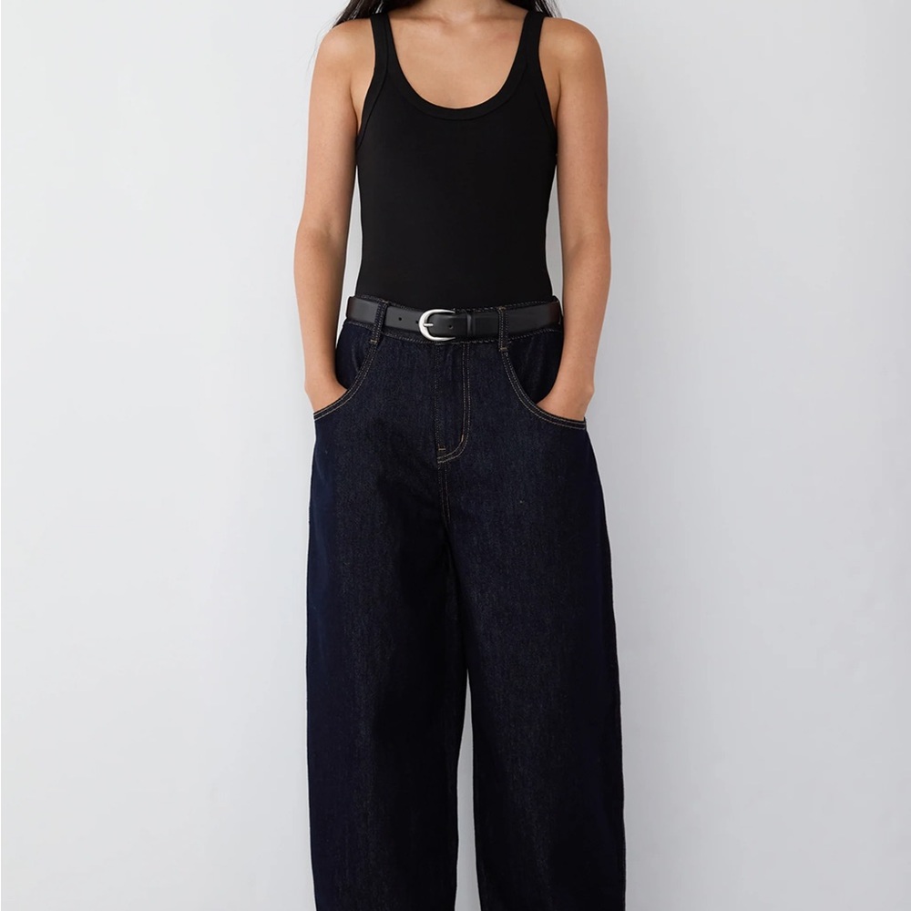 OAK + FORT Dark Indigo High Waist Barrel Jeans